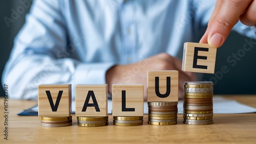 Building value with coins and letter blocks, symbolizing financial growth and investment strategy
