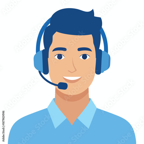 Smiling customer service representative wearing a headset, ready to assist.