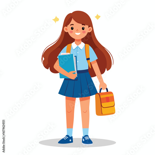 Happy schoolgirl ready for class, carrying books and backpack.