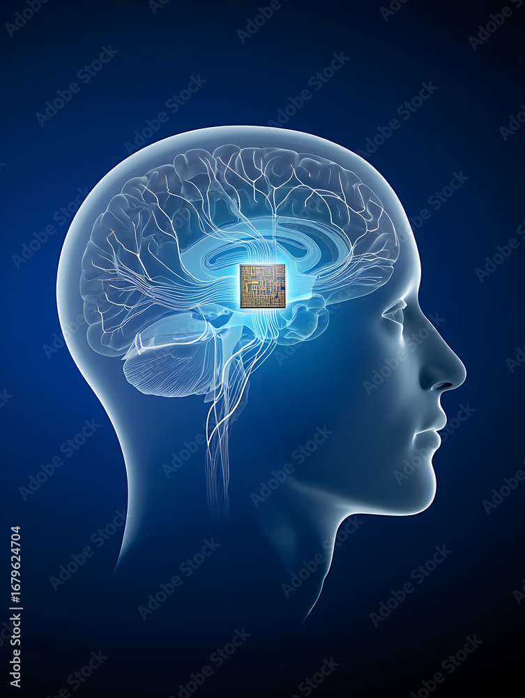 Obraz premium Digital brain with integrated microchip, symbolizing artificial intelligence and neural network connections in a futuristic concept