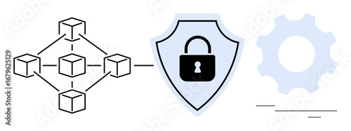 Blockchain network linked to shield with lock and gear, representing security, connectivity, system reliability. Ideal for cybersecurity, blockchain, encryption, data safety, innovation functional