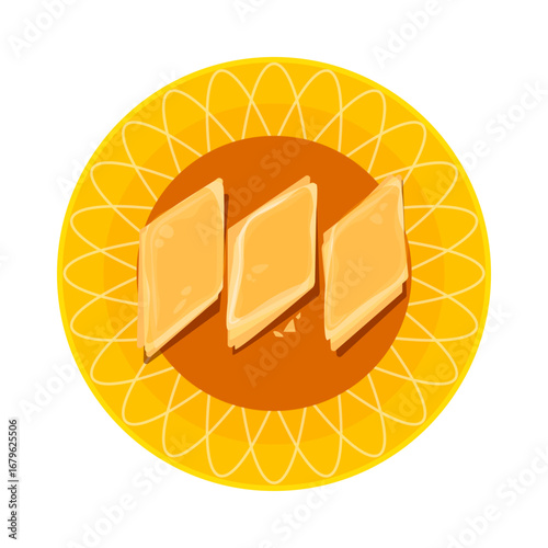 Baklava traditional sweet of Maghrebi cuisine in the shape of diamonds cut on a round traditional plate