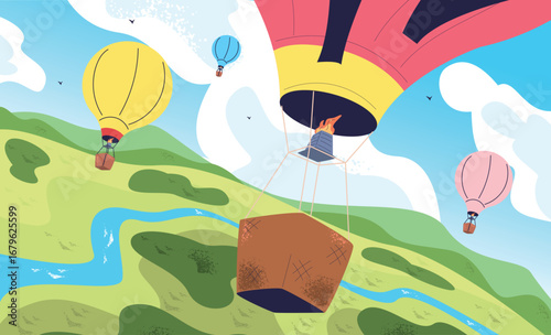 Air balloon landscape. Hot airballoon flying in blue sky with clouds on summer nature background, aerostat with basket airship cappadocia tour travel concept vector illustration