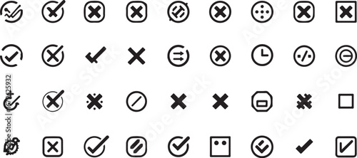 Collection of Check Marks Cross Marks and Symbol Icons for User Interface and Design Projects in Black and White