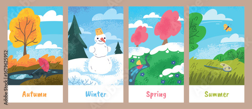 Four season cards. Autumn winter spring summer nature landscapes cover design, fall cold warm hot seasons preschool child education kids weather scene card set vector illustration