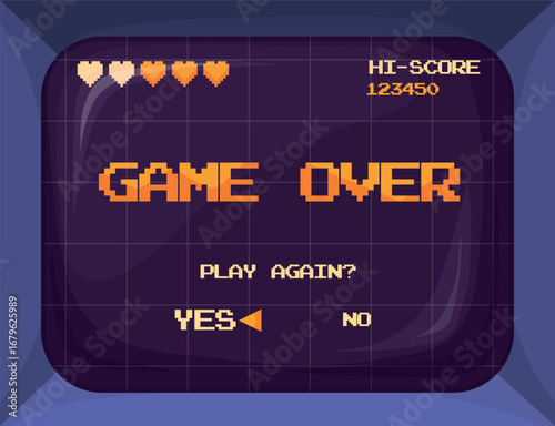 Game over screen. Retro arcade machine pixel monitor, vintage video gaming 8 bit console interface credits score play button level loss end of round cartoon vector illustration