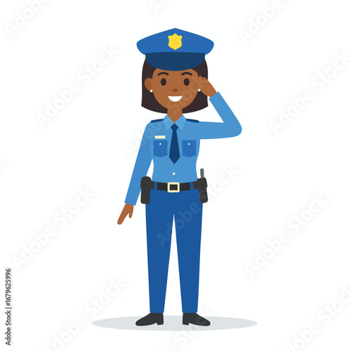 A smiling Black female police officer salutes, standing at attention in her uniform.