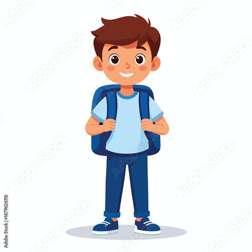 Happy schoolboy ready for class, carrying a backpack.