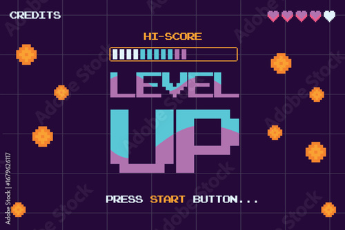 Level up screen. Retro pixel arcade machine 8 bit monitor press start play button vintage console 1980s video gaming technology score coins interface cartoon vector illustration