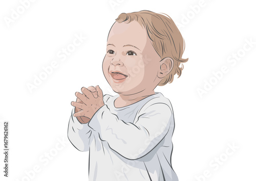 A happy baby with light brown hair, wearing a white long-sleeved shirt, claps their hands together with joy and smiles widely