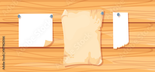 Nailed paper. Old papers parchment notes attached to wooden signboard, cartoon wood texture ripped sheet with nails for text place poster banner game signboard vector illustration