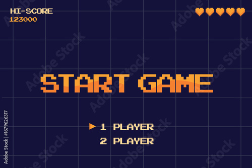 Start game screen. Retro arcade start gaming pixel background vintage machine video monitor 8bit console 1980s interface player choice score play button cartoon vector illustration