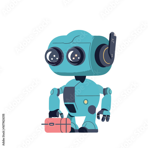 Cute robot character standing with a suitcase, perfect for technology and innovation concepts