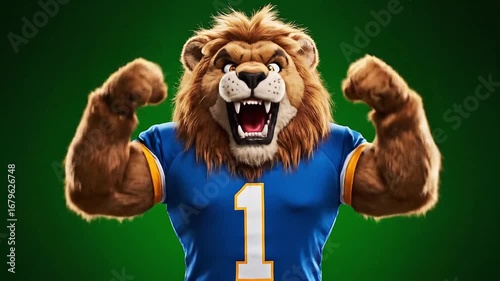 A powerful and triumphant lion mascot in a sports jersey, flexing its muscles and roaring with determination