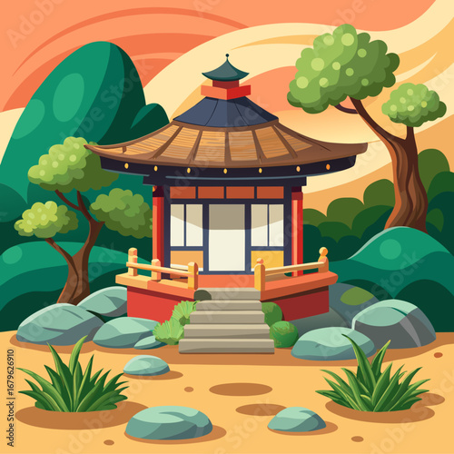 Traditional japanese teahouse vector illustration serene landscape peaceful culture asian architecture