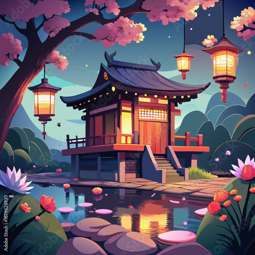 Charming japanese teahouse serene garden serenity evening lanterns blossom ambiance vector illustration