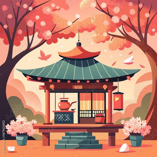 Charming japanese teahouse vector illustration with cherry blossoms and traditional architecture