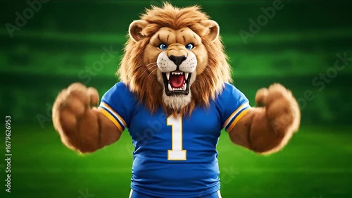 A fierce lion mascot, wearing a blue jersey, roars defiantly on a green field.