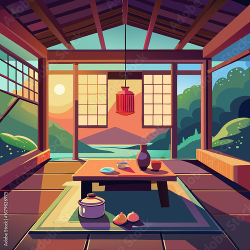 Tranquil japanese teahouse interior vector illustration peaceful ambiance and traditional design