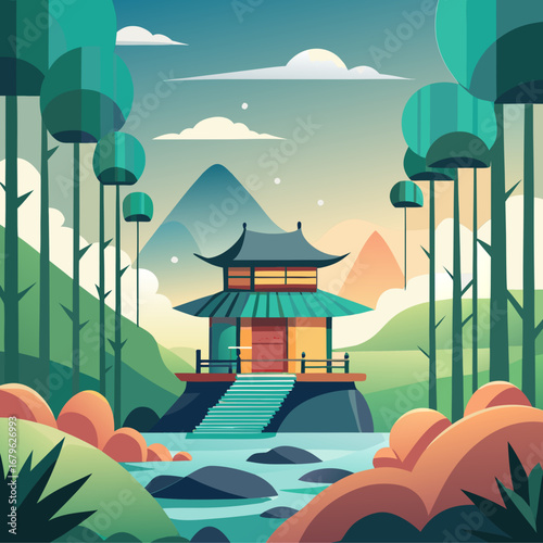 Minimalist flat vector cartoon japanese teahouse in serene bamboo forest with stream and mountains