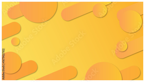 オレンジグラデーションの立体的な円と斜め楕円のフレーム背景