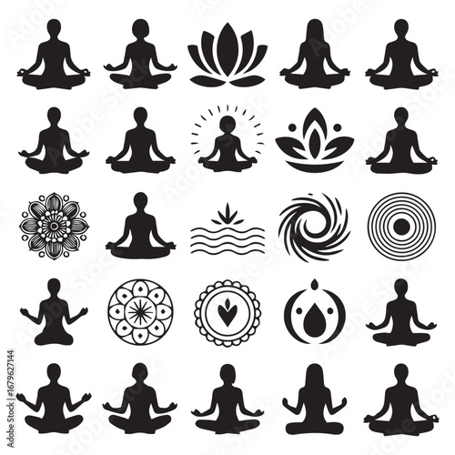 Collection of silhouetted figures in yoga meditation poses and spiritual symbols representing inner peace and balance