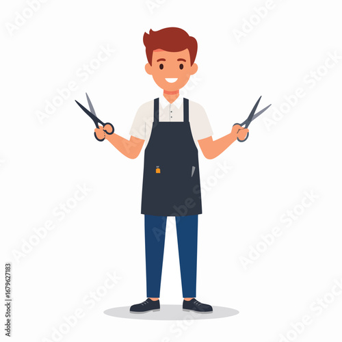 Smiling barber in apron holding scissors in both hands, ready to cut hair.