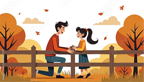 Father and daughter enjoying a playful moment by a wooden fence in a colorful autumn park