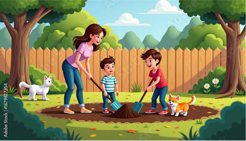 Family gardening together in a bright backyard, digging in the soil with playful kids and a cat