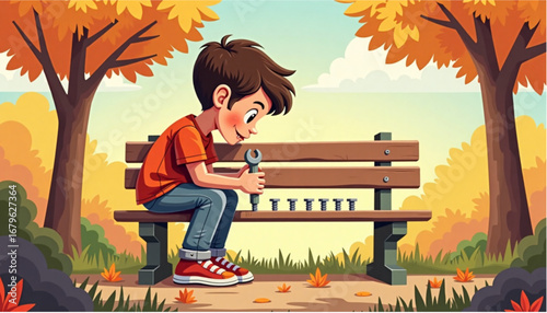 A young boy is sitting on a bench outside, learning how to handle screws with a wrench in an autumn park
