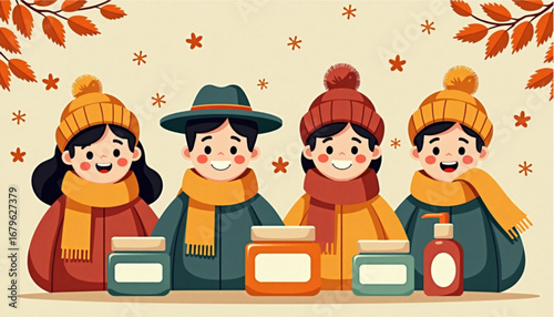 Colorful illustration of four cheerful friends in winter clothes with skincare products in an autumn setting