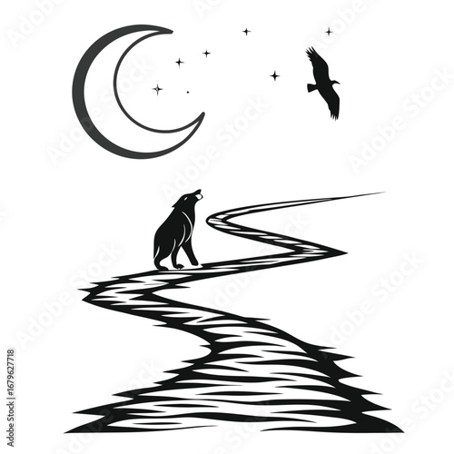 Moon shining across glowing sea silhouette