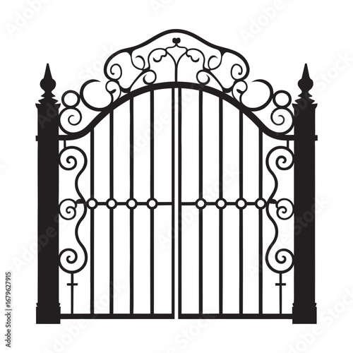 Elegant black silhouette of a decorative wrought iron gate. Vector illustration of a classic vintage arched entrance with ornate swirls isolated on white