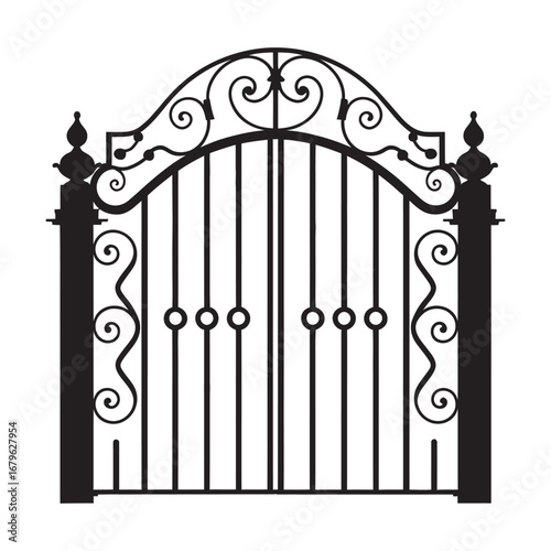 Ornate wrought iron gate vector illustration. Classic decorative fence entrance graphic with scrollwork isolated on a white background