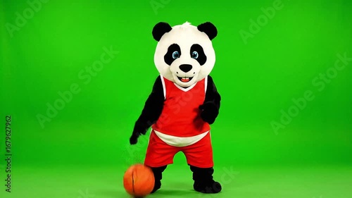 A panda mascot wearing a basketball uniform dribbles a basketball on a green screen.