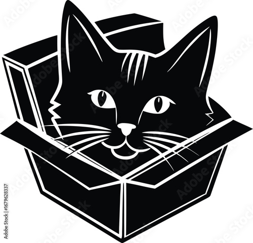 Vector art of a curious black cat peeking out of a cardboard box, with large ears and expressive eyes, isolated on a