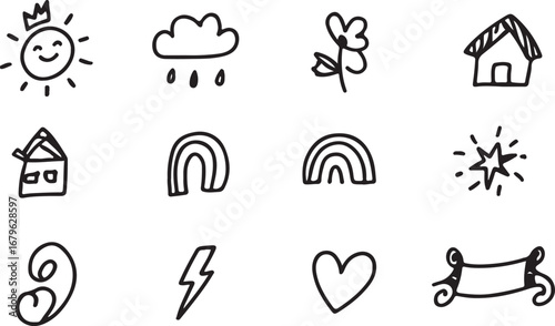 Collection of Black and White Doodle Icons Featuring Sun Cloud Rainbow House Flower Star and More