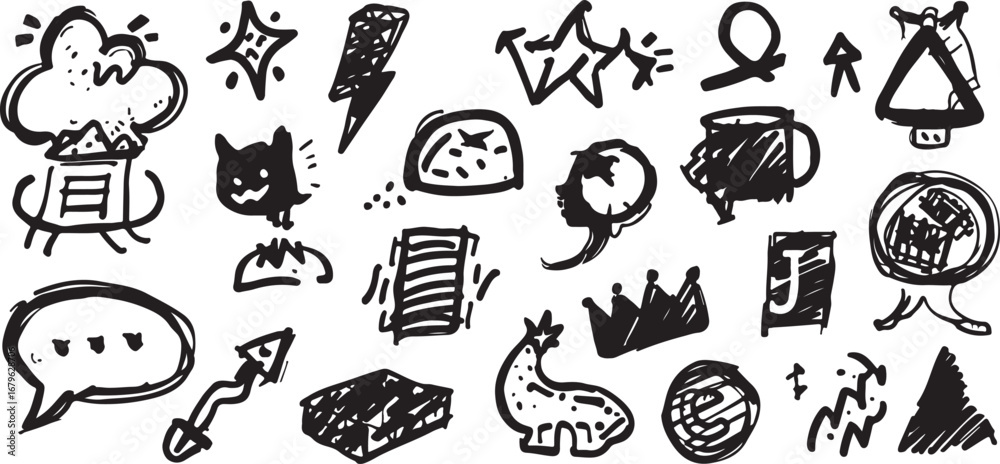 Naklejka premium Whimsical Hand Drawn Doodles Vector Pattern Featuring Fun and Playful Icons and Elements in Black and White for Creative Designs