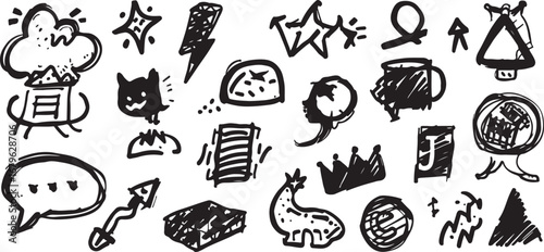 Whimsical Hand Drawn Doodles Vector Pattern Featuring Fun and Playful Icons and Elements in Black and White for Creative Designs