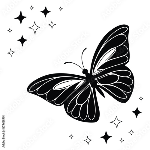 Butterfly wings glowing under shattered stars silhouette