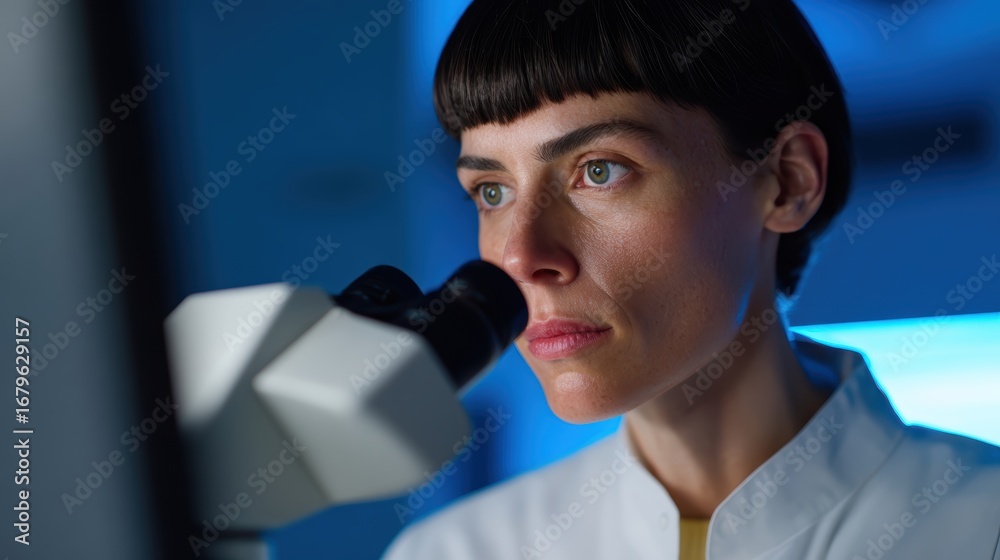 Naklejka premium A scientist working with advanced microscopes and digital screens in a cutting-edge biotech lab