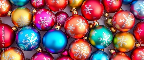 Set of colorful Christmas baubles with snowflake patterns, horizontal layout ,  holiday,  christmas balls