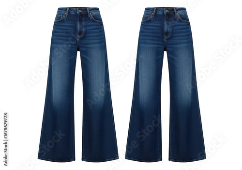 Two pairs of stylish dark wash high waisted wide leg denim jeans isolated on transparent background
