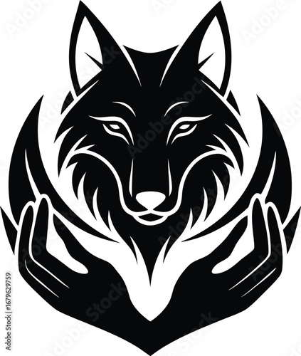 Vector art of striking black and white illustration of a wolfs head emerging from cupped hands, conveying themes of nature, protection, wildness, and guardianship