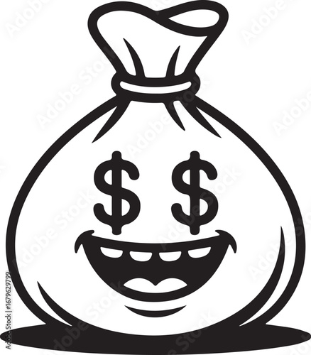 Happy money bag icon with dollar signs for eyes and wide smile represents wealth and prosperity vector