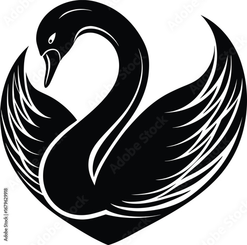 Vector art of elegant black and white graphic of a swan with its neck curved gracefully, set against a stylized heart shape, representing beauty, love, and transformation