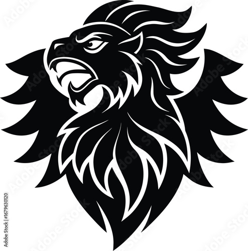 Vector art of fierce black and white illustration of a mythical griffin with wings spread, roaring with an aggressive expression, isolated on a, conveying power and fantasy