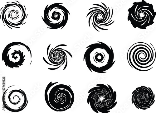 Black spiral vortex set, abstract swirl designs, circular whirlpool shapes, modern minimal vector art, dynamic optical illusion, isolated silhouette elements, contemporary geometric illustration