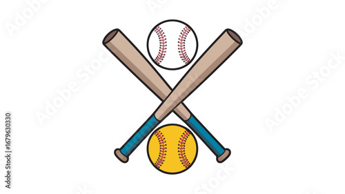 A classic sports emblem featuring two crossed wooden baseball bats positioned with a traditional white baseball and a vibrant yellow softball
