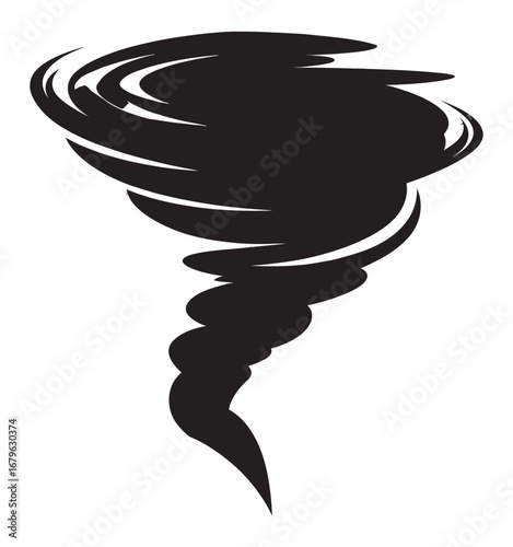 A powerful tornado swirling in a dynamic vortex, a black and white vector illustration representing a cyclone, hurricane, or severe weather storm